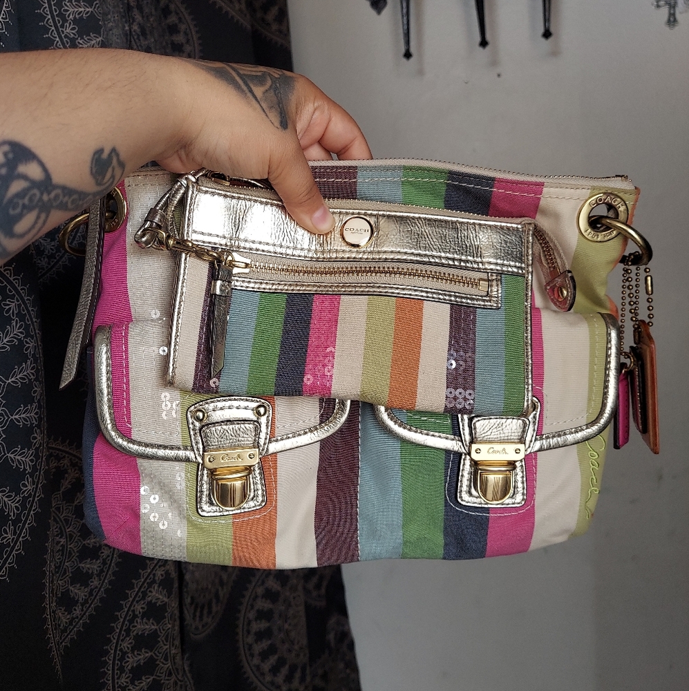 Coach Y2K Legacy Stripe Sequins Bag + Wallet Set 💚🩷